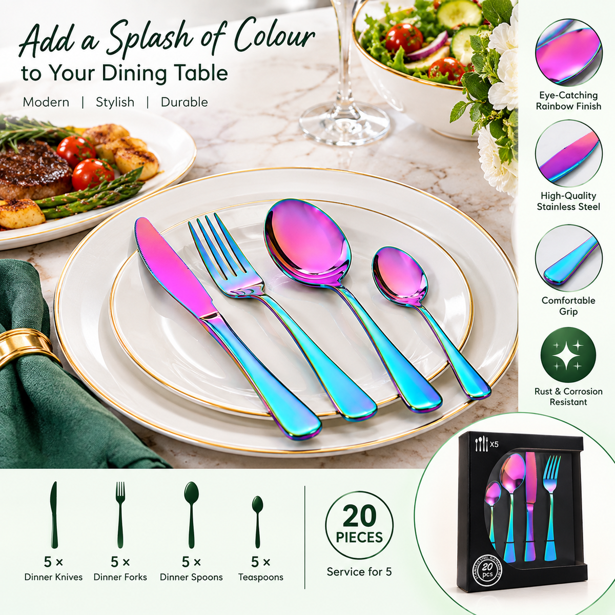 20-Piece Rainbow Stainless Steel Cutlery Set – Service for 5
