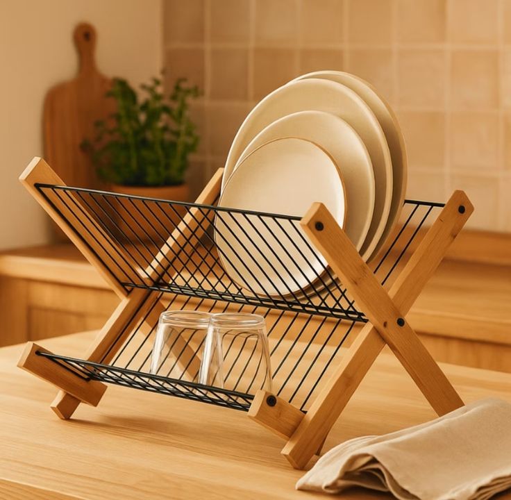 Bamboo 2 Tier Stainless Steel Dish Rack