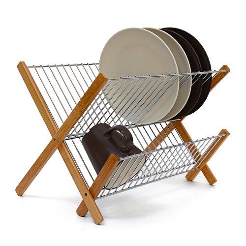 Bamboo 2 Tier Stainless Steel Dish Rack
