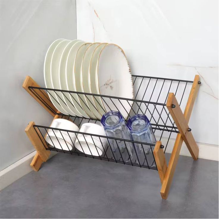 Bamboo 2 Tier Stainless Steel Dish Rack