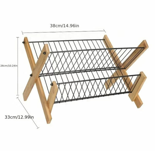 Bamboo 2 Tier Stainless Steel Dish Rack